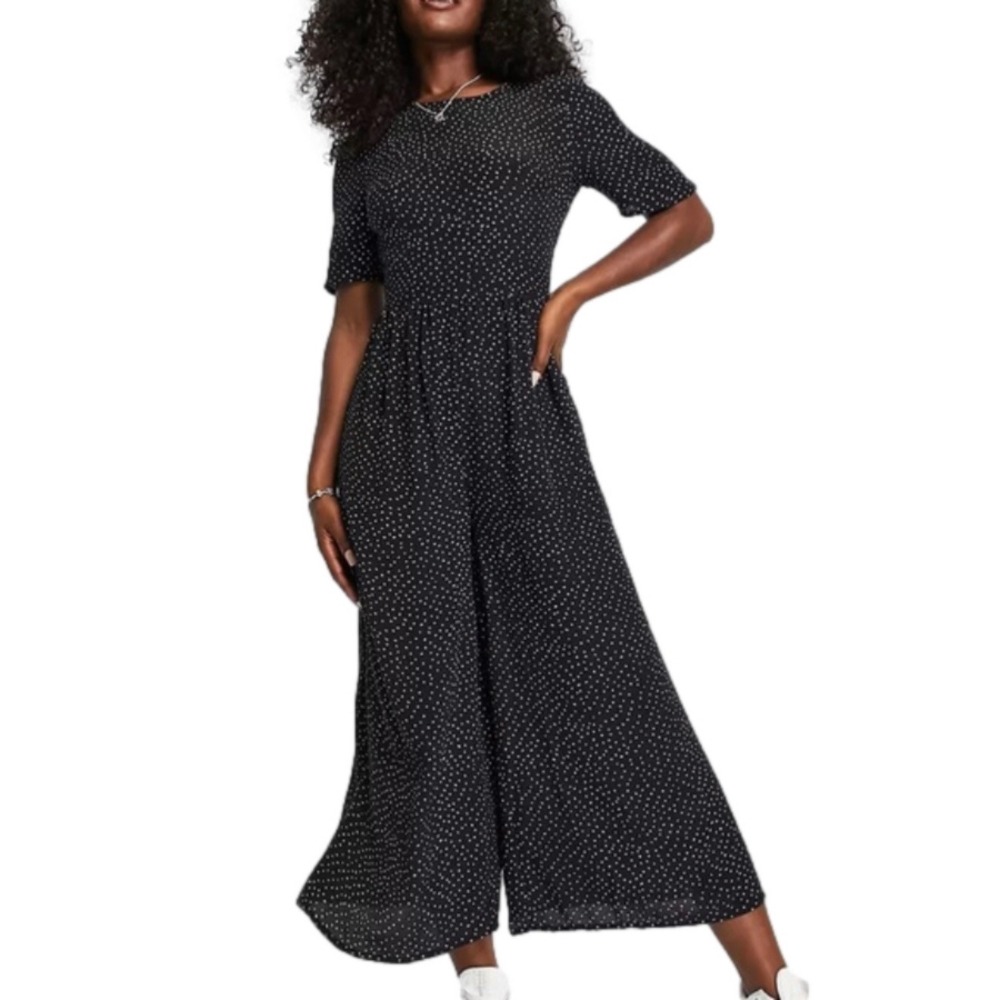 Asos Design Black Mono Spot Tea Cut Out Jumpsuit Size 12